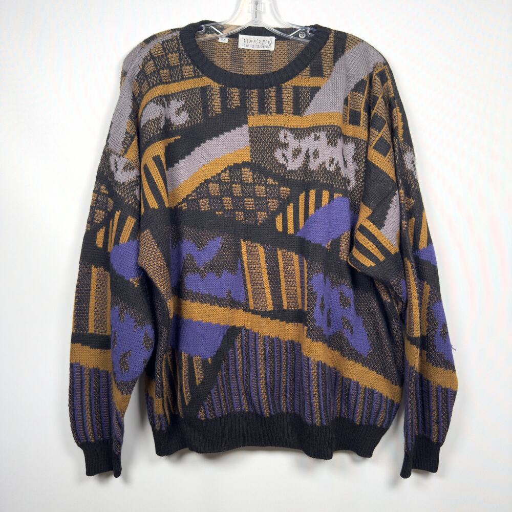Vintage Progetto Purple Gold Patterned Long Sleeve Wool Sweater Men's 2X